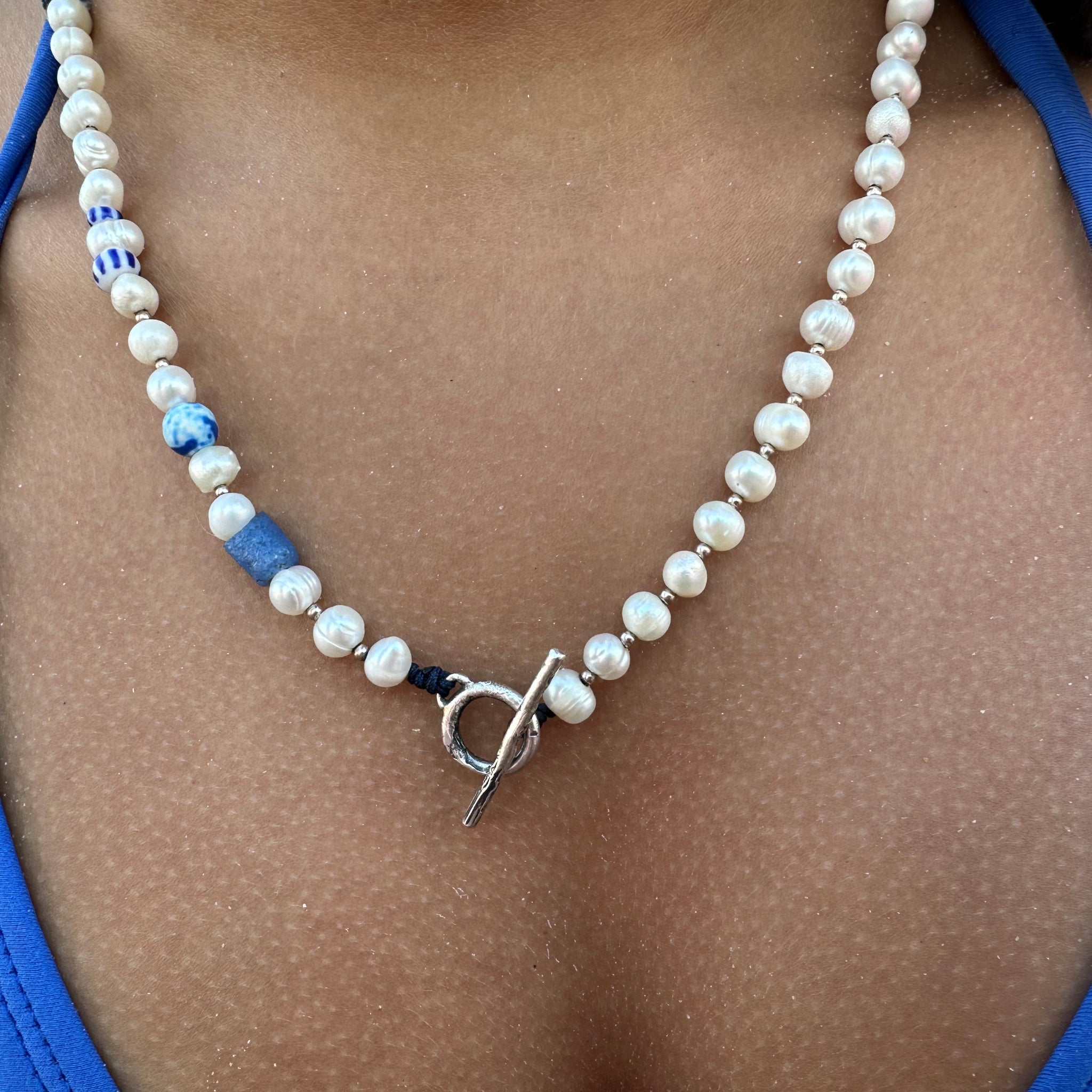 "Collier Kadia argent 925 perles de culture et perles africaines - tissu wax EMIKemi"